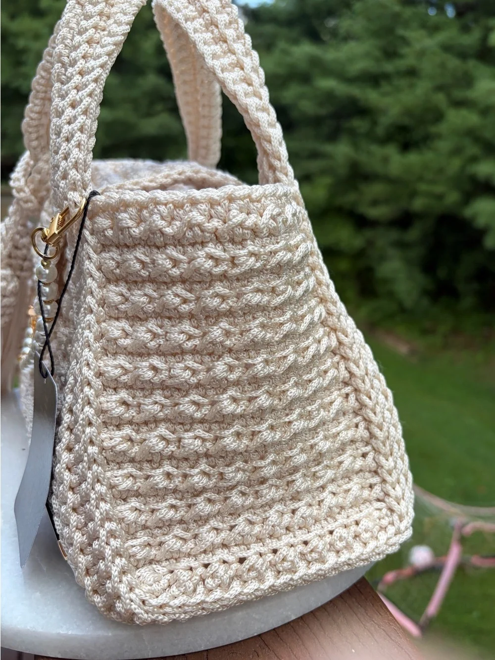Ivory Crochet Bag, Handmade Boho Purse, Polypropylene Woven Handbag, Tassel